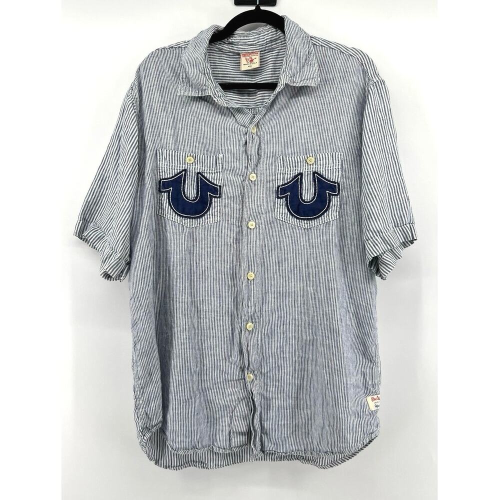 Vintage True Religion Button Down Shirt Men's Size XXL Blue White Horseshoes